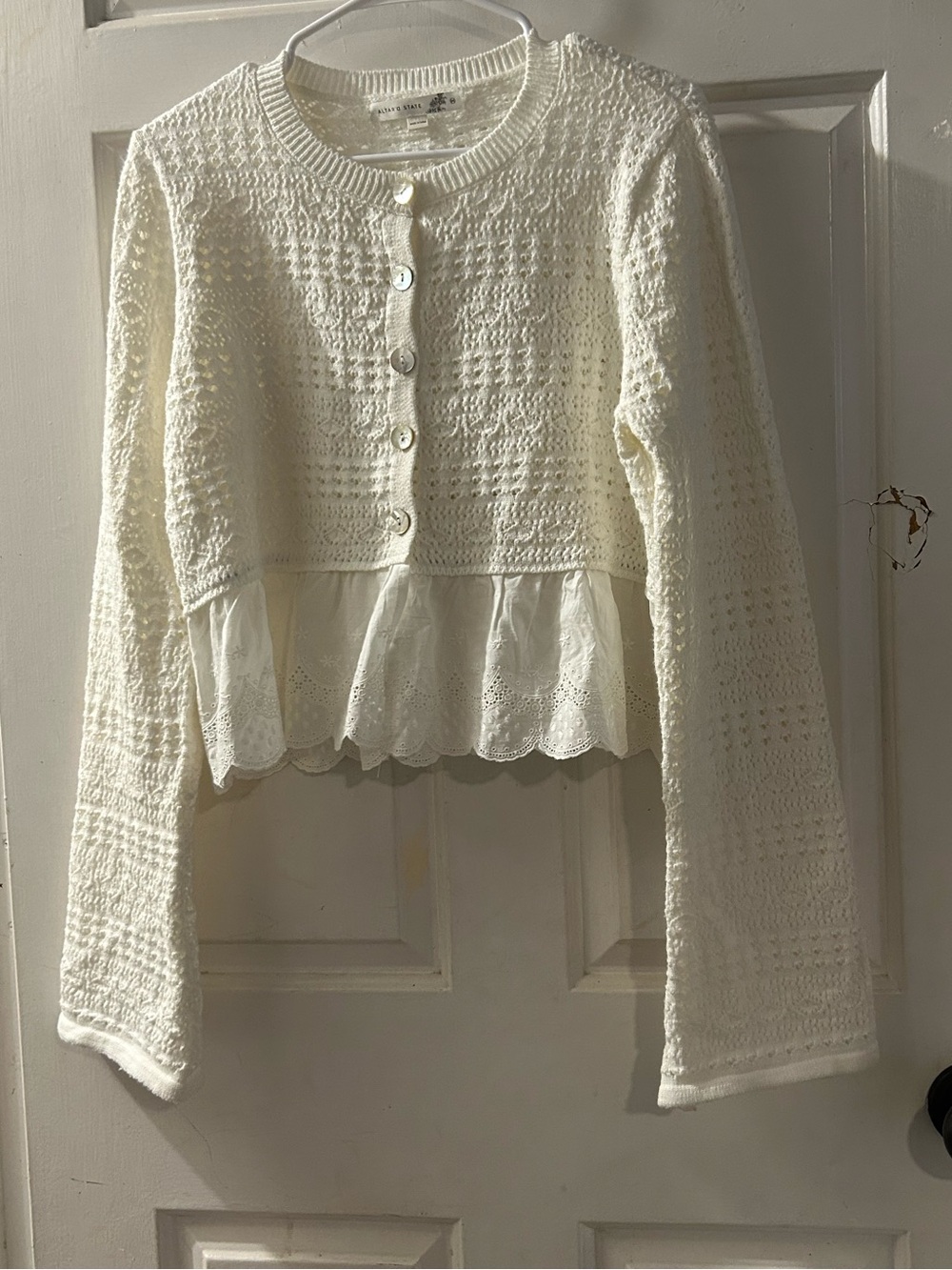 Altar'd State Cream Knit Peplum Button-Up Cardigan